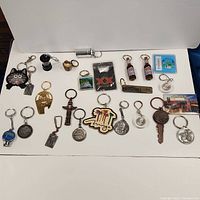Full view of all 18 keychains and magnets on white background showing variety of shapes and sizes.