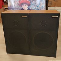 Front view of two vintage Pioneer speakers side-by-side, showing wood grain sides, black mesh fronts, and Pioneer logo badges.