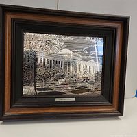 Front view of framed sterling silver Silverscene artwork depicting Oregon State University Memorial Union Building, showing detailed silver etching and two-tone wood frame.