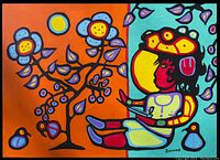 Front view of the painting 'Dreaming to be Shaman' showing stylized human figure and floral motifs on half orange, half teal background