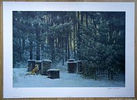 Full view of the framed print showing the fox and beehives scene with signature and numbering on the bottom.