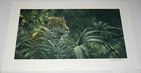 Full view of the print showing a spotted jaguar amidst dense rainforest foliage