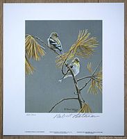 Full view of the limited edition print showing two American Goldfinches on a pine branch with autumn pine needles, signed and numbered 521/950 by Robert Bateman.