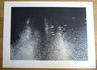 Full view of the limited edition print showing water surface with reflections, lily pads, and tree swallow.