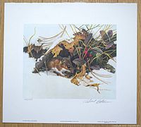 Full view of the signed limited edition print showing the mouse and wintergreen leaves with surrounding white border.