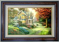 Front view of the framed Thomas Kinkade canvas painting showing the full artwork and decorative outer frame.