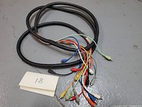 Coiled 8 channel RCA snake cable with 16 connectors spread out on the floor, showing the entire cable and colored connectors