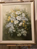 Frontal image of the large floral artwork in frame showing overall composition and framing.