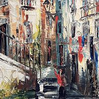 Close-up photo of textured oil painting showing narrow street with figure carrying object on head.