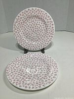 Two 8-inch round plates with petite rose pink flower pattern, one displayed upright and one flat.