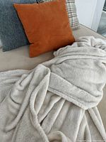 Five pillows on couch including rust orange, denim-like textured, plaid, solid dark and light solid cover pillows. Multiple plush neutral-colored fleece blankets on couch.