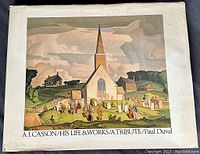 Front cover of the hardcover book showing artwork of a church scene and people, with title text A.J. Casson/His Life & Works/Tribute/Paul Duval.