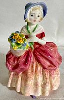 Front view of Royal Doulton 'Cissie' figurine showing detailed hand-painted floral basket, red dress with apron, and blue hat.