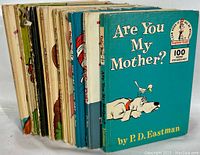 Stack of ten vintage children's books including Are You My Mother? and several Dr. Seuss titles.