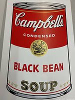 Front view of screenprint showing Campbell’s Condensed Black Bean Soup can design on museum board