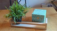 Photo showing artificial plant, small wooden shelf, and decorative box on a wooden surface with some background items visible.