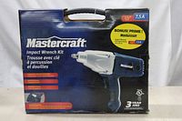 Front view of original Mastercraft impact wrench kit box showing product image, specifications like 7.5A, 110V, 1/2" drive, and accessories included.