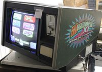 Angled front view showing CRT screen, coin slot, speaker grill and key lock