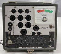 Front panel of the Mercury Electronics Corporation Model 1100A tube tester showing dial controls, tube sockets, analog meter, and labeling.