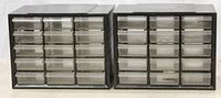 Two stacked black plastic storage drawer units each with 12 transparent drawers in grid format.