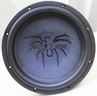 Front view of the 12" woofer speaker showing the Soundstream spider logo on the cone and rubber surround.