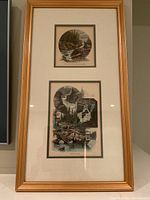 Full view of two gold-framed etchings with Muskoka Falls scenes featuring circular and multi-paneled nature and camping images