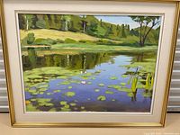 Straight-on view of framed painting showing full composition