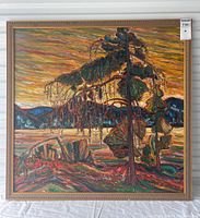 Full frontal view of framed oil painting showing the complete landscape scene.