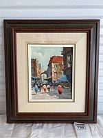 Full view of framed Italian street scene oil painting, showing the composition and frame style