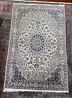 Full view of off-white Persian rug with central medallion and border fringe.