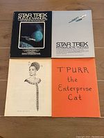 Four Star Trek books laid out flat showing covers: two puzzle books, a songbook, and fan fiction book