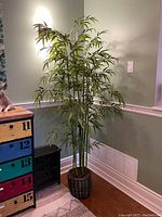 Full view of faux bamboo plant in basket standing against a wall near colorful drawers.