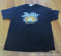 Full view of black Blue Rodeo Palace of Gold tour T-shirt laid flat on wooden floor. Front shows central graphic and logo.
