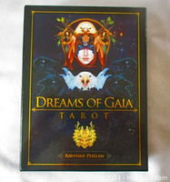 Front of the Dreams of Gaia Tarot card box showing the title, artwork, and artist name Ravynne Phelan.