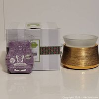 Front view of the Scentsy warmer with packaging and a pack of wax bars showing the label and scent description.