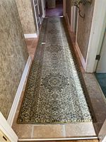 Long narrow carpet runner laid out in hallway, showing full pattern and condition