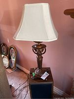 Full view of the table lamp on a speaker box showing the lamp structure and shade.