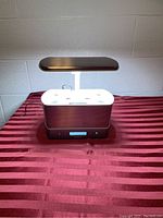 Front angle view of AeroGarden Harvest Elite with LED grow light on and six planting pods visible.