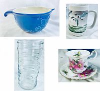 Four items: Pfaltzgraff blue mixing bowl with white interior and swirl design, clear ringed glass Hoosier vase, Otagiri ceramic mug with seagull coast design, Royal Albert floral pink Prairie Rose teacup and saucer