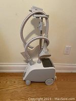 Full side view of the Bionaire home clothes steamer showing main unit, wheels, mounted telescopic hanging pole, and coiled steam hose.