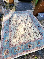 Full view of rug laid outdoors showing cream center and light blue floral border