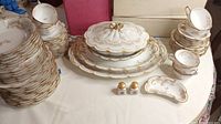 Full view of the lot, showing large stack of scalloped edge plates and bowls, lidded serving dish on oval trays, many cups and saucers, salt and pepper shakers, and small curved dish.