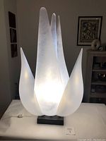 Front view of lit white frosted tulip lamp on black base with cord and inline switch visible
