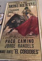 Framed vintage bullfighting poster from Plaza de Toros Monumental with matador and bull imagery