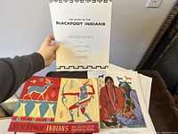 Photo showing cover print labeled 'Blackfoot Indians of Glacier National Park' with colorful illustrations and title text.