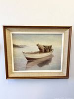 Frontal view of the framed painting depicting a seafarer in a fishing boat on calm waters