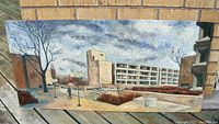 Full view of the landscape-format acrylic painting on Masonite board showing modernist architecture, trees, lamp post, figure, and cloudy sky.