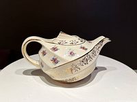 Side view of vintage Sudlow's Burslem Delta pattern teapot displaying faceted body, floral sprays, and gold gilding