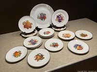 Set of 19 plates with distinct colorful fruit decorations and gold trim, arranged on table showing the variety in designs and sizes.