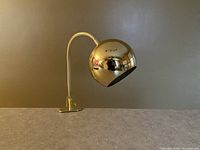 Brass eyeball clip lamp with flexible gooseneck arm and clip base, shown unattached and unlit.